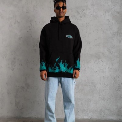 Erkek 3 İplik Pamuklu Alev Baskılı Kapüşonlu hoodie Sweatshirt - Siyah Erkek 3 İplik Pamuklu Alev Baskılı Kapüşonlu hoodie Sweatshirt - Siyah