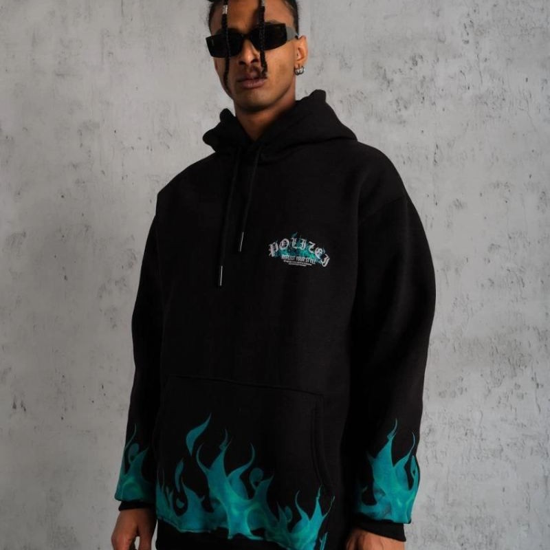 Erkek 3 İplik Pamuklu Alev Baskılı Kapüşonlu hoodie Sweatshirt - Siyah Erkek 3 İplik Pamuklu Alev Baskılı Kapüşonlu hoodie Sweatshirt - Siyah