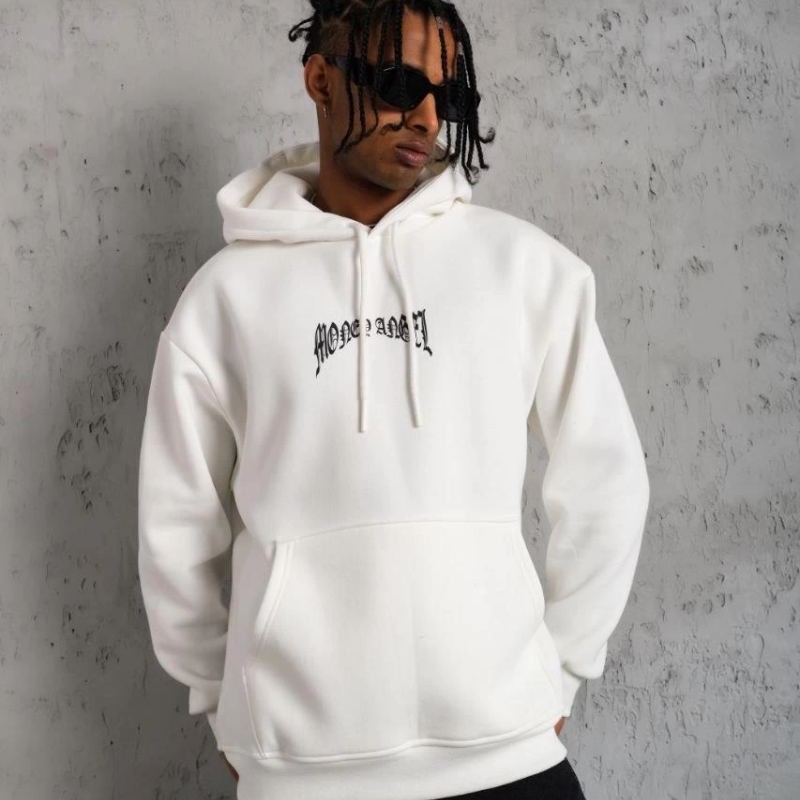 Erkek 3 İplik Pamuklu Baskılı Kapüşonlu Cepli Sweatshirt Hoodie - Beyaz Erkek 3 İplik Pamuklu Baskılı Kapüşonlu Cepli Sweatshirt Hoodie - Beyaz
