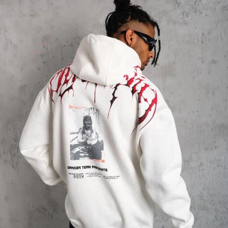 Erkek 3 İplik Pamuklu Baskılı Kapüşonlu Cepli Sweatshirt Hoodie - Beyaz Erkek 3 İplik Pamuklu Baskılı Kapüşonlu Cepli Sweatshirt Hoodie - Beyaz