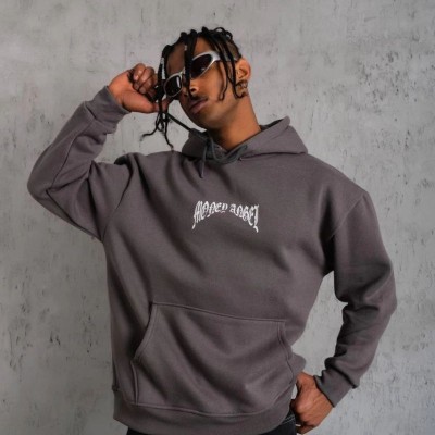 Erkek 3 İplik Pamuklu Baskılı Kapüşonlu Cepli Sweatshirt Hoodie - Füme Erkek 3 İplik Pamuklu Baskılı Kapüşonlu Cepli Sweatshirt Hoodie - Füme