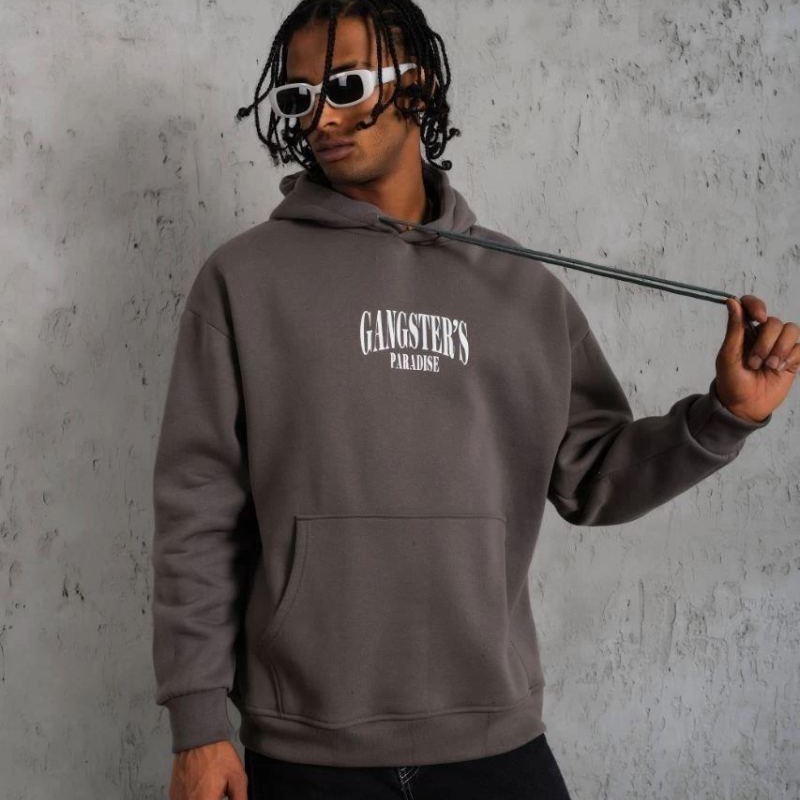 Erkek 3 İplik Pamuklu Baskılı Kapüşonlu Cepli Sweatshirt Hoodie - Gri Erkek 3 İplik Pamuklu Baskılı Kapüşonlu Cepli Sweatshirt Hoodie - Gri