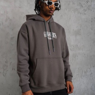 Erkek 3 İplik Pamuklu Baskılı Kapüşonlu Cepli Sweatshirt Hoodie - Gri Erkek 3 İplik Pamuklu Baskılı Kapüşonlu Cepli Sweatshirt Hoodie - Gri