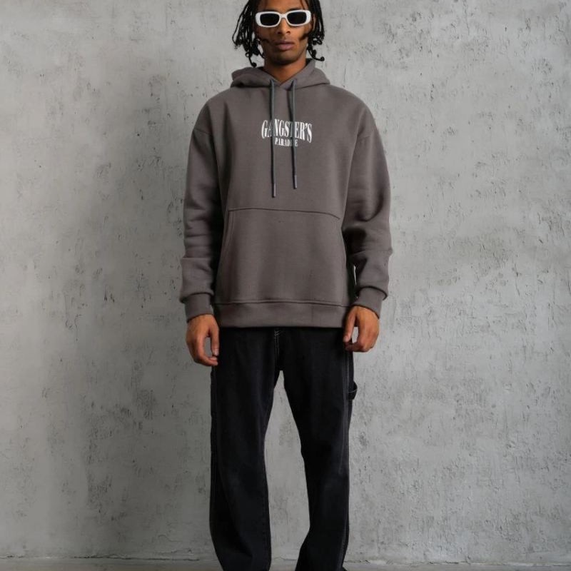 Erkek 3 İplik Pamuklu Baskılı Kapüşonlu Cepli Sweatshirt Hoodie - Gri Erkek 3 İplik Pamuklu Baskılı Kapüşonlu Cepli Sweatshirt Hoodie - Gri