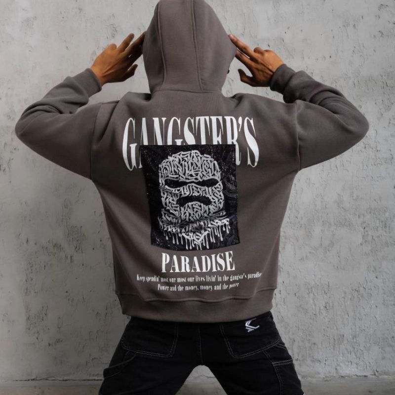Erkek 3 İplik Pamuklu Baskılı Kapüşonlu Cepli Sweatshirt Hoodie - Gri Erkek 3 İplik Pamuklu Baskılı Kapüşonlu Cepli Sweatshirt Hoodie - Gri