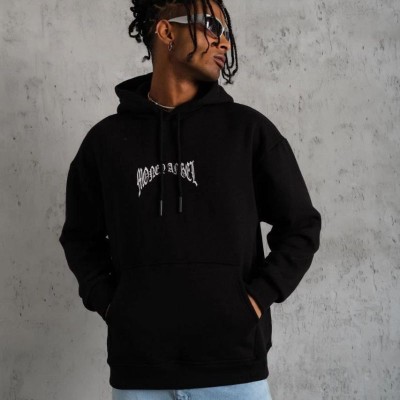 Erkek 3 İplik Pamuklu Baskılı Kapüşonlu Cepli Sweatshirt Hoodie - Siyah Erkek 3 İplik Pamuklu Baskılı Kapüşonlu Cepli Sweatshirt Hoodie - Siyah