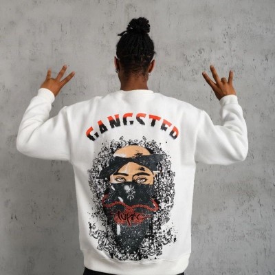Erkek 3 İplik Pamuklu Bisiklet Yaka Gangster Baskılı Sweatshirt - Beyaz Erkek 3 İplik Pamuklu Bisiklet Yaka Gangster Baskılı Sweatshirt - Beyaz