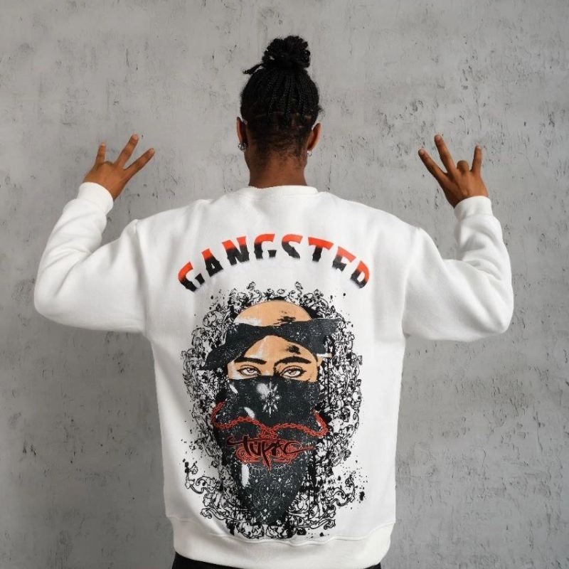 Erkek 3 İplik Pamuklu Bisiklet Yaka Gangster Baskılı Sweatshirt - Beyaz Erkek 3 İplik Pamuklu Bisiklet Yaka Gangster Baskılı Sweatshirt - Beyaz