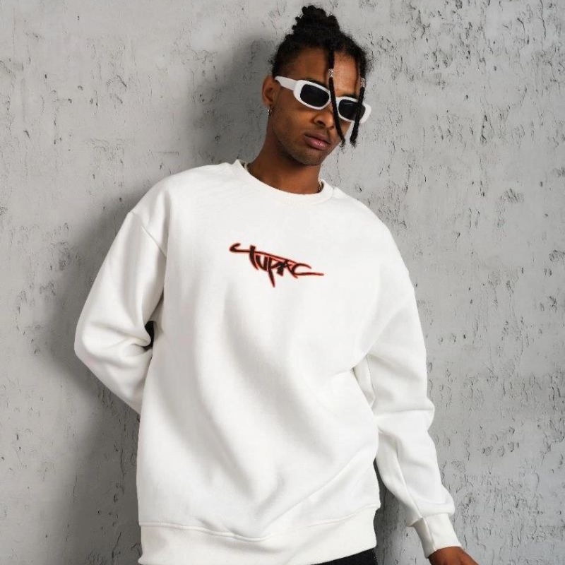 Erkek 3 İplik Pamuklu Bisiklet Yaka Gangster Baskılı Sweatshirt - Beyaz Erkek 3 İplik Pamuklu Bisiklet Yaka Gangster Baskılı Sweatshirt - Beyaz