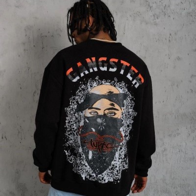 Erkek 3 İplik Pamuklu Bisiklet Yaka Gangster Baskılı Sweatshirt - Siyah Erkek 3 İplik Pamuklu Bisiklet Yaka Gangster Baskılı Sweatshirt - Siyah