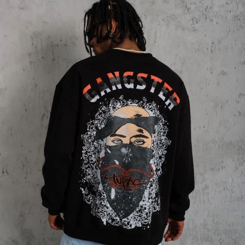 Erkek 3 İplik Pamuklu Bisiklet Yaka Gangster Baskılı Sweatshirt - Siyah Erkek 3 İplik Pamuklu Bisiklet Yaka Gangster Baskılı Sweatshirt - Siyah