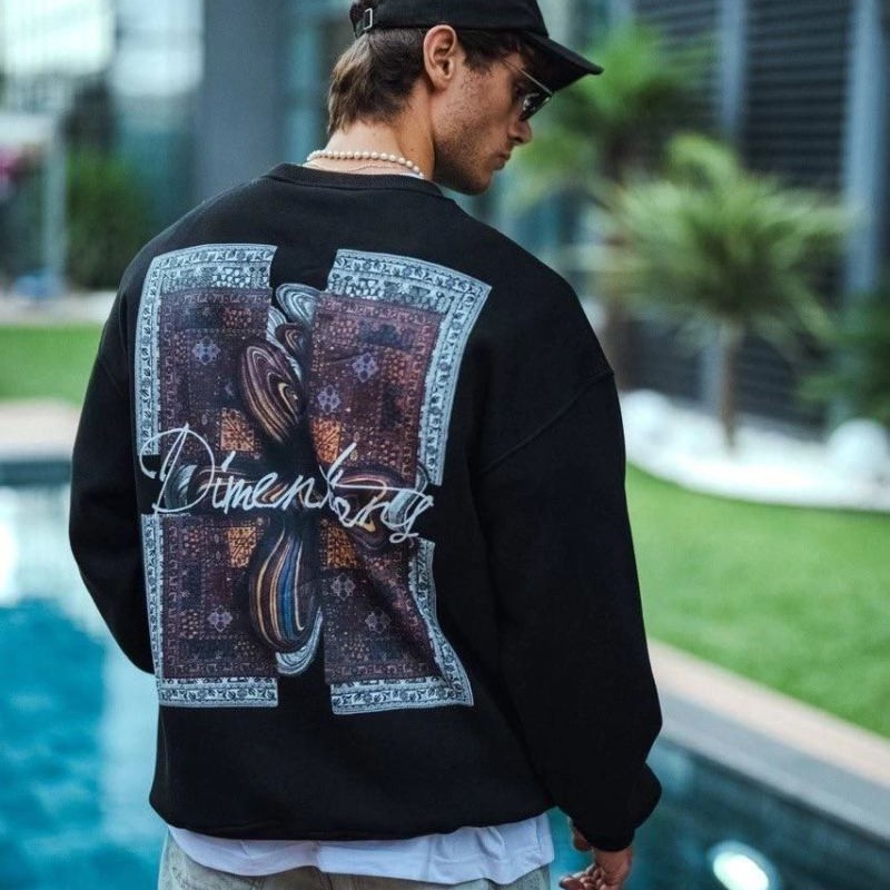 Erkek 3 iplik pamuklu Bisiklet Yaka Ön ve Arka Baskılı SweatShirt - Siyah Erkek 3 iplik pamuklu Bisiklet Yaka Ön ve Arka Baskılı SweatShirt - Siyah