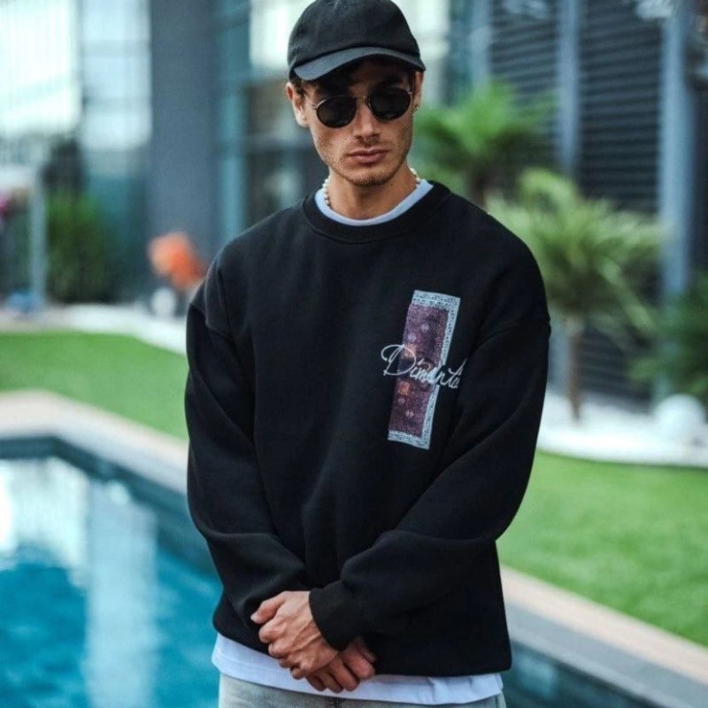 Erkek 3 iplik pamuklu Bisiklet Yaka Ön ve Arka Baskılı SweatShirt - Siyah Erkek 3 iplik pamuklu Bisiklet Yaka Ön ve Arka Baskılı SweatShirt - Siyah