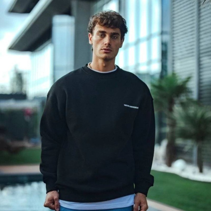 Erkek 3 iplik Pamuklu Bisiklet Yaka Oversize Baskılı SweatShirt - Siyah Erkek 3 iplik Pamuklu Bisiklet Yaka Oversize Baskılı SweatShirt - Siyah