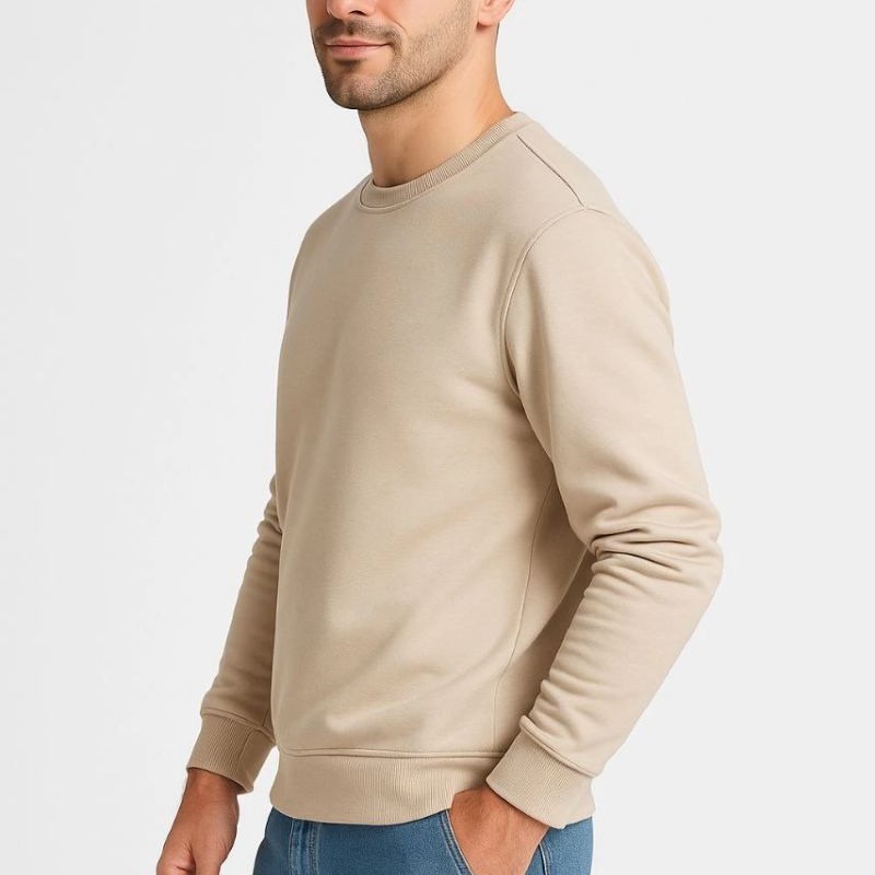 Erkek 3 İplik Pamuklu Düz Bisiklet Yaka SweatShirt - Bej Erkek 3 İplik Pamuklu Düz Bisiklet Yaka SweatShirt - Bej