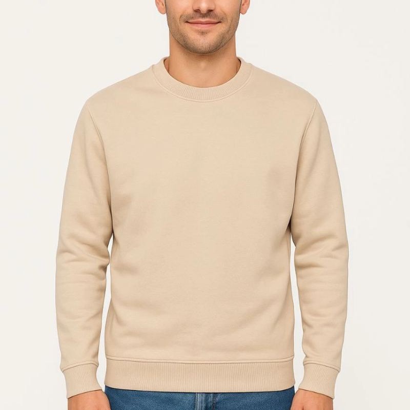 Erkek 3 İplik Pamuklu Düz Bisiklet Yaka SweatShirt - Bej Erkek 3 İplik Pamuklu Düz Bisiklet Yaka SweatShirt - Bej