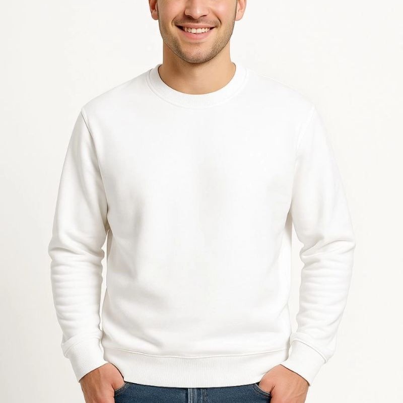 Erkek 3 İplik Pamuklu Düz Bisiklet Yaka SweatShirt - Beyaz Erkek 3 İplik Pamuklu Düz Bisiklet Yaka SweatShirt - Beyaz