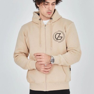 Erkek 3 İplik Pamuklu Fermuarlı Kapüşonlu Kanguru Cepli Baskılı Hoodie Hırka Sweatshirt - Bej Erkek 3 İplik Pamuklu Fermuarlı Kapüşonlu Kanguru Cepli Baskılı Hoodie Hırka Sweatshirt - Bej
