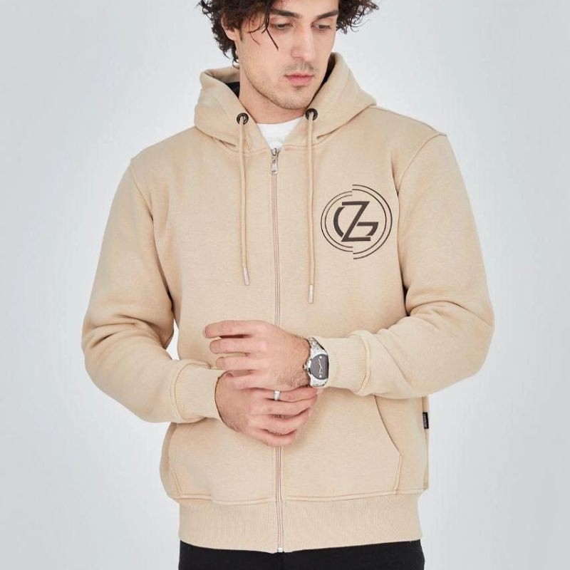 Erkek 3 İplik Pamuklu Fermuarlı Kapüşonlu Kanguru Cepli Baskılı Hoodie Hırka Sweatshirt - Bej Erkek 3 İplik Pamuklu Fermuarlı Kapüşonlu Kanguru Cepli Baskılı Hoodie Hırka Sweatshirt - Bej