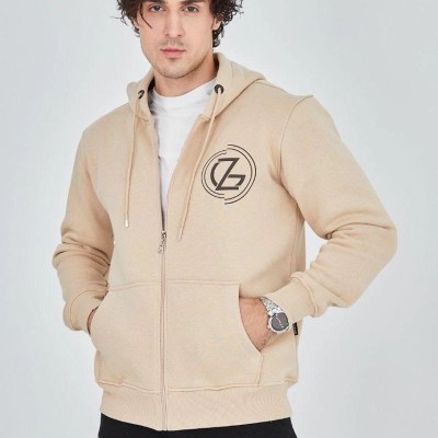 Erkek 3 İplik Pamuklu Fermuarlı Kapüşonlu Kanguru Cepli Baskılı Hoodie Hırka Sweatshirt - Bej Erkek 3 İplik Pamuklu Fermuarlı Kapüşonlu Kanguru Cepli Baskılı Hoodie Hırka Sweatshirt - Bej