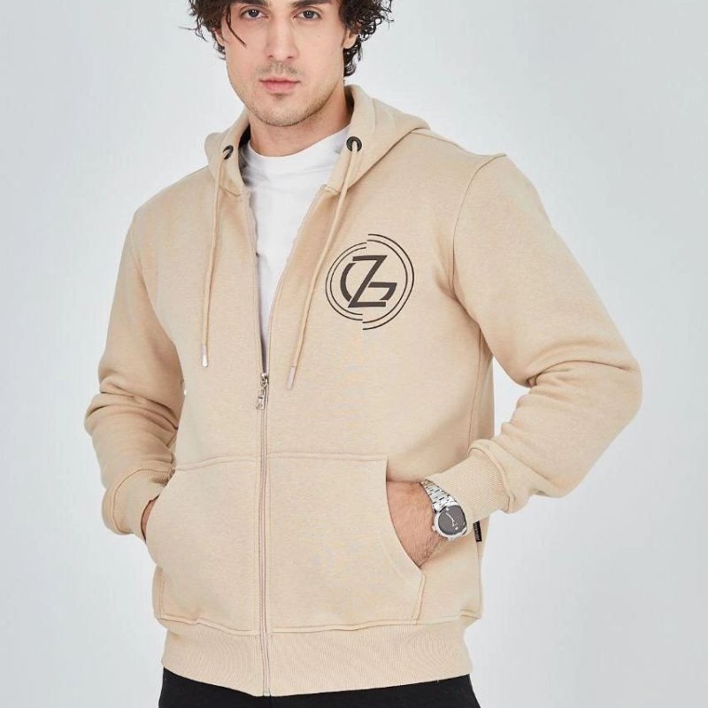 Erkek 3 İplik Pamuklu Fermuarlı Kapüşonlu Kanguru Cepli Baskılı Hoodie Hırka Sweatshirt - Bej Erkek 3 İplik Pamuklu Fermuarlı Kapüşonlu Kanguru Cepli Baskılı Hoodie Hırka Sweatshirt - Bej