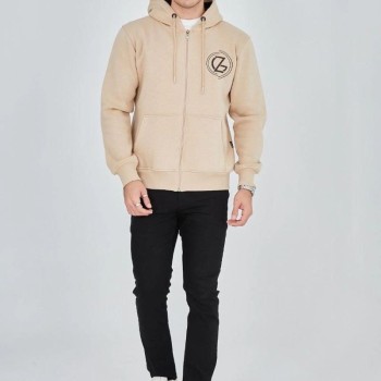 Erkek 3 İplik Pamuklu Fermuarlı Kapüşonlu Kanguru Cepli Baskılı Hoodie Hırka Sweatshirt - Bej