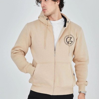 Erkek 3 İplik Pamuklu Fermuarlı Kapüşonlu Kanguru Cepli Baskılı Hoodie Hırka Sweatshirt - Bej Erkek 3 İplik Pamuklu Fermuarlı Kapüşonlu Kanguru Cepli Baskılı Hoodie Hırka Sweatshirt - Bej
