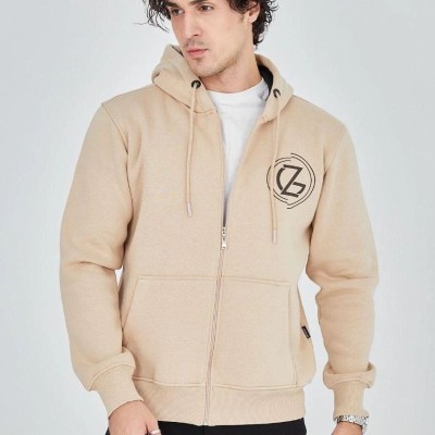 Erkek 3 İplik Pamuklu Fermuarlı Kapüşonlu Kanguru Cepli Baskılı Hoodie Hırka Sweatshirt - Bej Erkek 3 İplik Pamuklu Fermuarlı Kapüşonlu Kanguru Cepli Baskılı Hoodie Hırka Sweatshirt - Bej