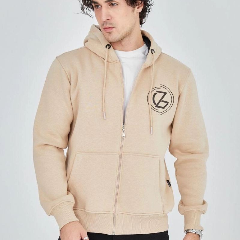 Erkek 3 İplik Pamuklu Fermuarlı Kapüşonlu Kanguru Cepli Baskılı Hoodie Hırka Sweatshirt - Bej Erkek 3 İplik Pamuklu Fermuarlı Kapüşonlu Kanguru Cepli Baskılı Hoodie Hırka Sweatshirt - Bej