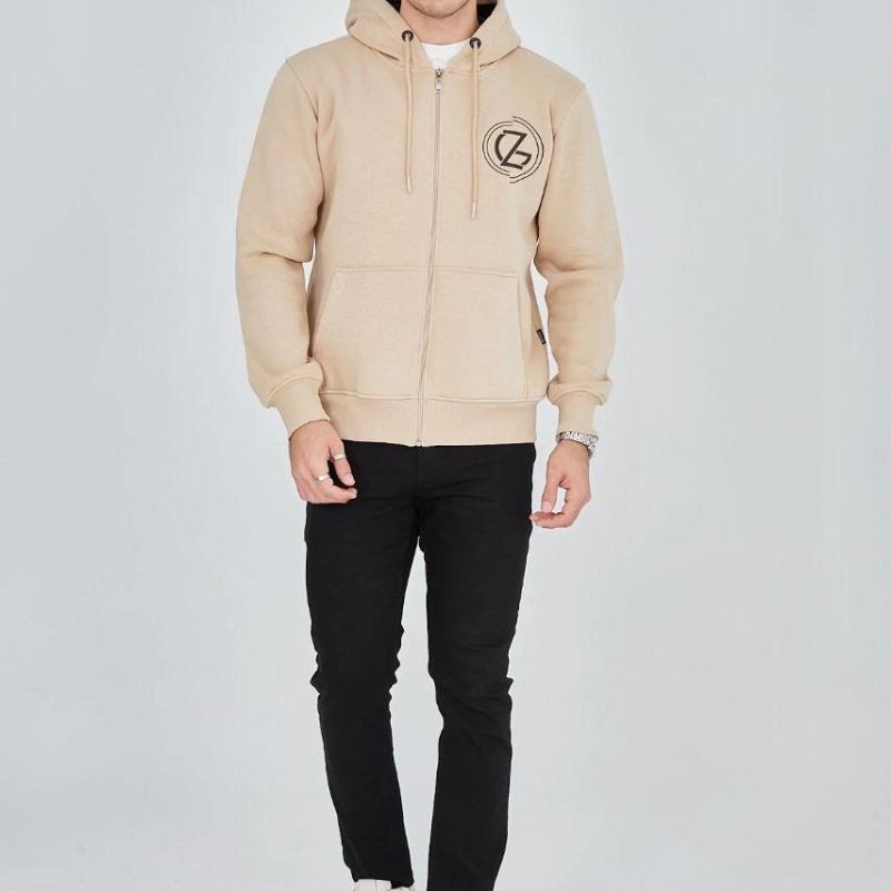 Erkek 3 İplik Pamuklu Fermuarlı Kapüşonlu Kanguru Cepli Baskılı Hoodie Hırka Sweatshirt - Bej Erkek 3 İplik Pamuklu Fermuarlı Kapüşonlu Kanguru Cepli Baskılı Hoodie Hırka Sweatshirt - Bej