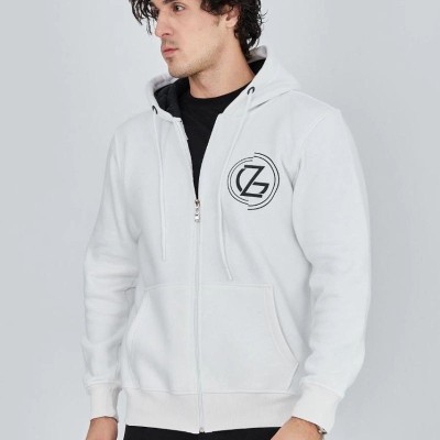 Erkek 3 İplik Pamuklu Fermuarlı Kapüşonlu Kanguru Cepli Baskılı Hoodie Hırka Sweatshirt - Beyaz