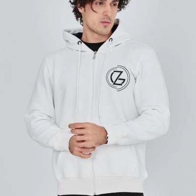 Erkek 3 İplik Pamuklu Fermuarlı Kapüşonlu Kanguru Cepli Baskılı Hoodie Hırka Sweatshirt - Beyaz