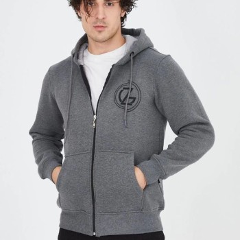 Erkek 3 İplik Pamuklu Fermuarlı Kapüşonlu Kanguru Cepli Baskılı Hoodie Hırka Sweatshirt - Füme Erkek 3 İplik Pamuklu Fermuarlı Kapüşonlu Kanguru Cepli Baskılı Hoodie Hırka Sweatshirt - Füme