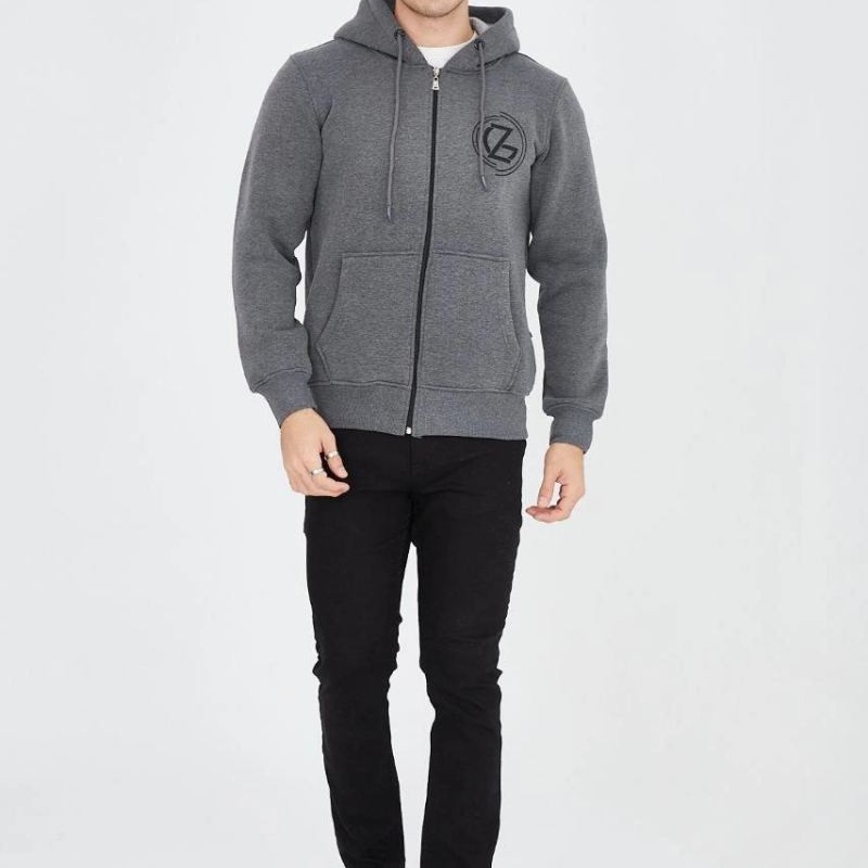 Erkek 3 İplik Pamuklu Fermuarlı Kapüşonlu Kanguru Cepli Baskılı Hoodie Hırka Sweatshirt - Füme