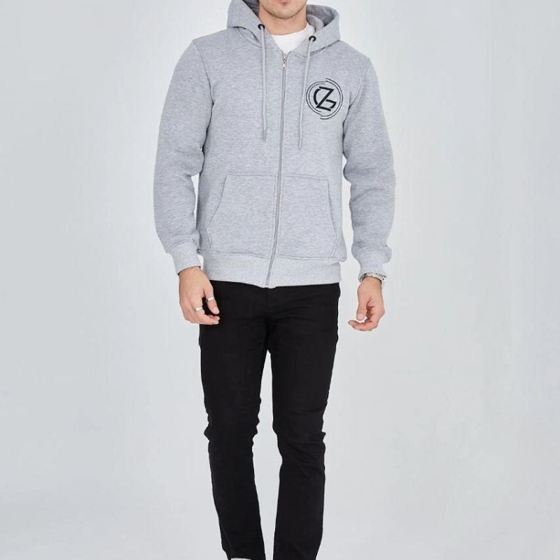 Erkek 3 İplik Pamuklu Fermuarlı Kapüşonlu Kanguru Cepli Baskılı Hoodie Hırka Sweatshirt -Gri