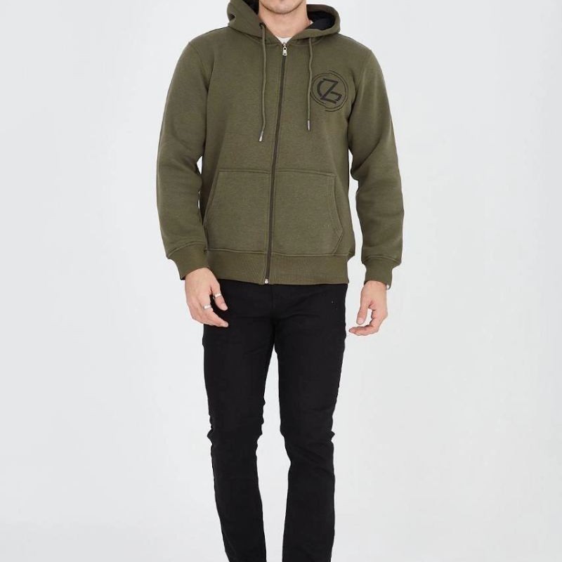 Erkek 3 İplik Pamuklu Fermuarlı Kapüşonlu Kanguru Cepli Baskılı Hoodie Hırka Sweatshirt - Yeşil