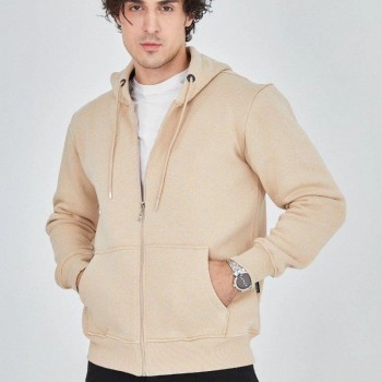 Erkek 3 İplik Pamuklu Fermuarlı Kapüşonlu Kanguru Cepli Hoodie Hırka Sweatshirt -Bej Erkek 3 İplik Pamuklu Fermuarlı Kapüşonlu Kanguru Cepli Hoodie Hırka Sweatshirt -Bej