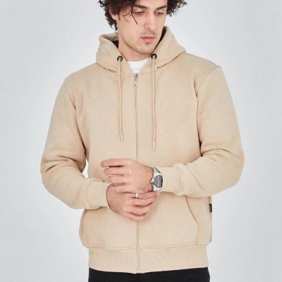 Erkek 3 İplik Pamuklu Fermuarlı Kapüşonlu Kanguru Cepli Hoodie Hırka Sweatshirt -Bej Erkek 3 İplik Pamuklu Fermuarlı Kapüşonlu Kanguru Cepli Hoodie Hırka Sweatshirt -Bej