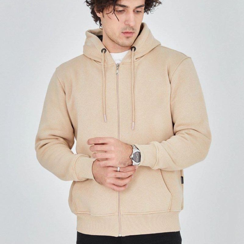 Erkek 3 İplik Pamuklu Fermuarlı Kapüşonlu Kanguru Cepli Hoodie Hırka Sweatshirt -Bej Erkek 3 İplik Pamuklu Fermuarlı Kapüşonlu Kanguru Cepli Hoodie Hırka Sweatshirt -Bej