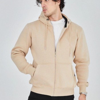 Erkek 3 İplik Pamuklu Fermuarlı Kapüşonlu Kanguru Cepli Hoodie Hırka Sweatshirt -Bej