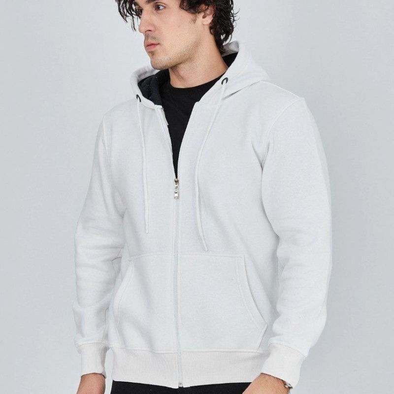 Erkek 3 İplik Pamuklu Fermuarlı Kapüşonlu Kanguru Cepli Hoodie Hırka Sweatshirt - Beyaz