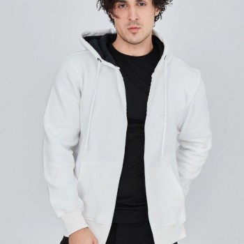 Erkek 3 İplik Pamuklu Fermuarlı Kapüşonlu Kanguru Cepli Hoodie Hırka Sweatshirt - Beyaz