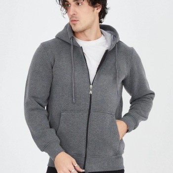 Erkek 3 İplik Pamuklu Fermuarlı Kapüşonlu Kanguru Cepli Hoodie Hırka Sweatshirt - Füme Erkek 3 İplik Pamuklu Fermuarlı Kapüşonlu Kanguru Cepli Hoodie Hırka Sweatshirt - Füme