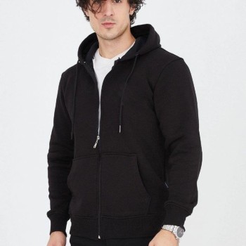 Erkek 3 İplik Pamuklu Fermuarlı Kapüşonlu Kanguru Cepli Hoodie Hırka Sweatshirt - Siyah Erkek 3 İplik Pamuklu Fermuarlı Kapüşonlu Kanguru Cepli Hoodie Hırka Sweatshirt - Siyah