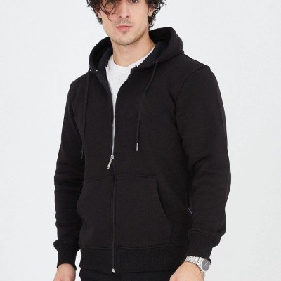 Erkek 3 İplik Pamuklu Fermuarlı Kapüşonlu Kanguru Cepli Hoodie Hırka Sweatshirt - Siyah