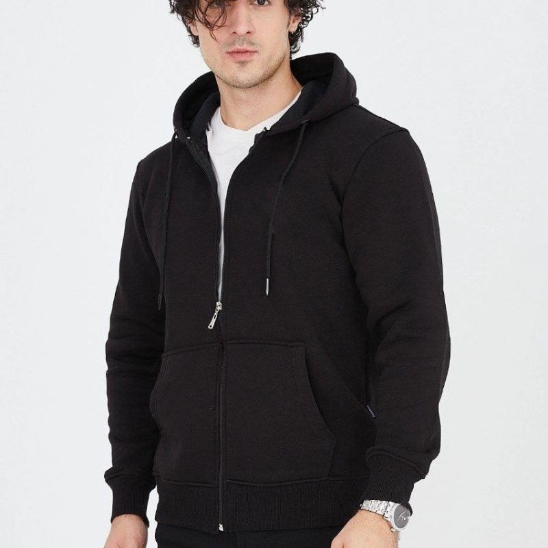 Erkek 3 İplik Pamuklu Fermuarlı Kapüşonlu Kanguru Cepli Hoodie Hırka Sweatshirt - Siyah