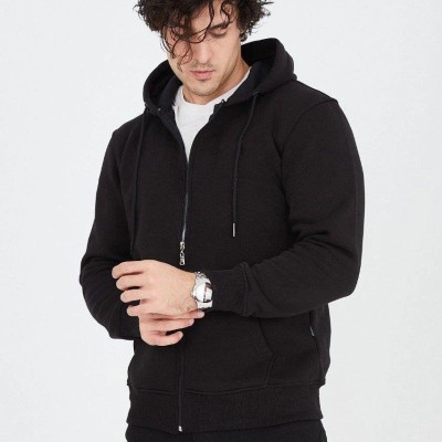 Erkek 3 İplik Pamuklu Fermuarlı Kapüşonlu Kanguru Cepli Hoodie Hırka Sweatshirt - Siyah