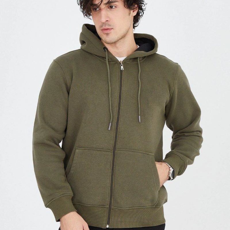 Erkek 3 İplik Pamuklu Fermuarlı Kapüşonlu Kanguru Cepli Hoodie Hırka Sweatshirt - Yeşil Erkek 3 İplik Pamuklu Fermuarlı Kapüşonlu Kanguru Cepli Hoodie Hırka Sweatshirt - Yeşil