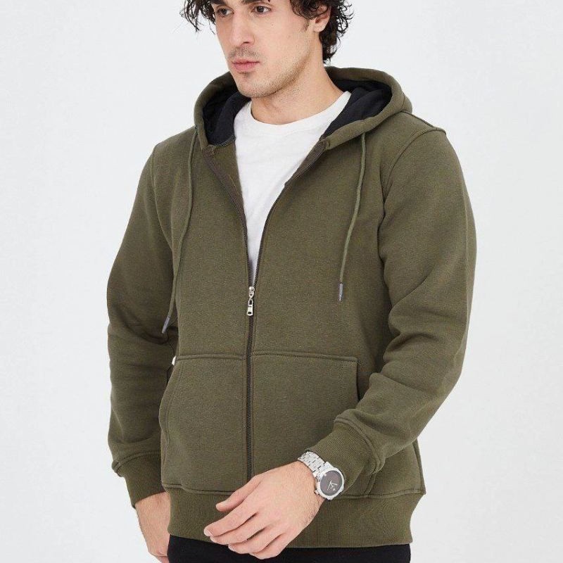 Erkek 3 İplik Pamuklu Fermuarlı Kapüşonlu Kanguru Cepli Hoodie Hırka Sweatshirt - Yeşil Erkek 3 İplik Pamuklu Fermuarlı Kapüşonlu Kanguru Cepli Hoodie Hırka Sweatshirt - Yeşil