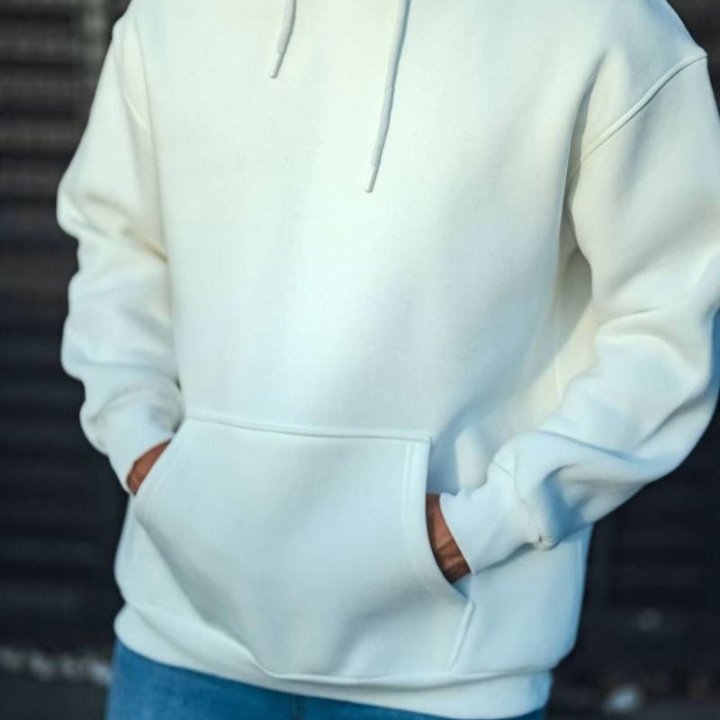 Erkek 3 İplik Pamuklu Kapüşonlu Basic SweatShirt Hoodie - Beyaz Erkek 3 İplik Pamuklu Kapüşonlu Basic SweatShirt Hoodie - Beyaz